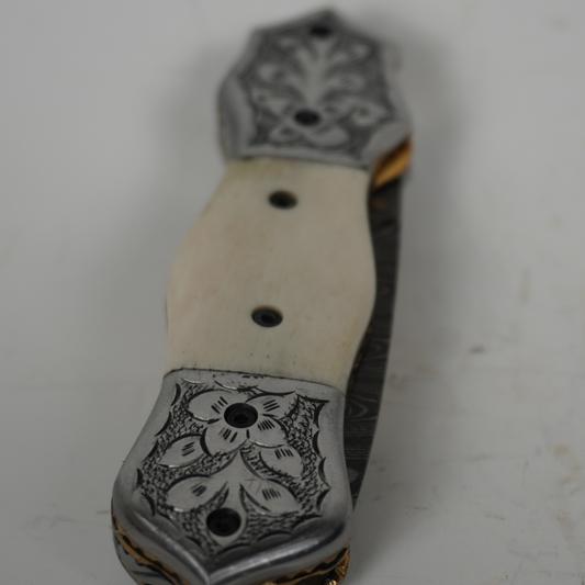 Handcrafted Damascus Steel Pocket Knife – Camel Bone Handle with Leather Sheath | 5” Blade