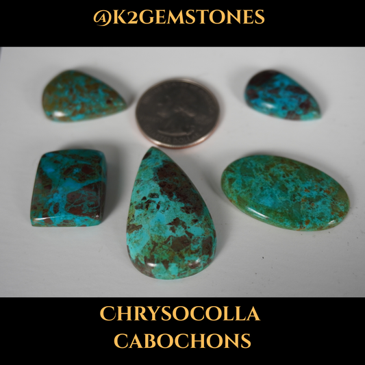 Chrysocolla Stones Cabochons – 5 Pieces | Mixed Free Sizes 20–35mm | Natural Blue-Green Gemstones | Hand-Selected & High Polish Finish | By k2gemstones