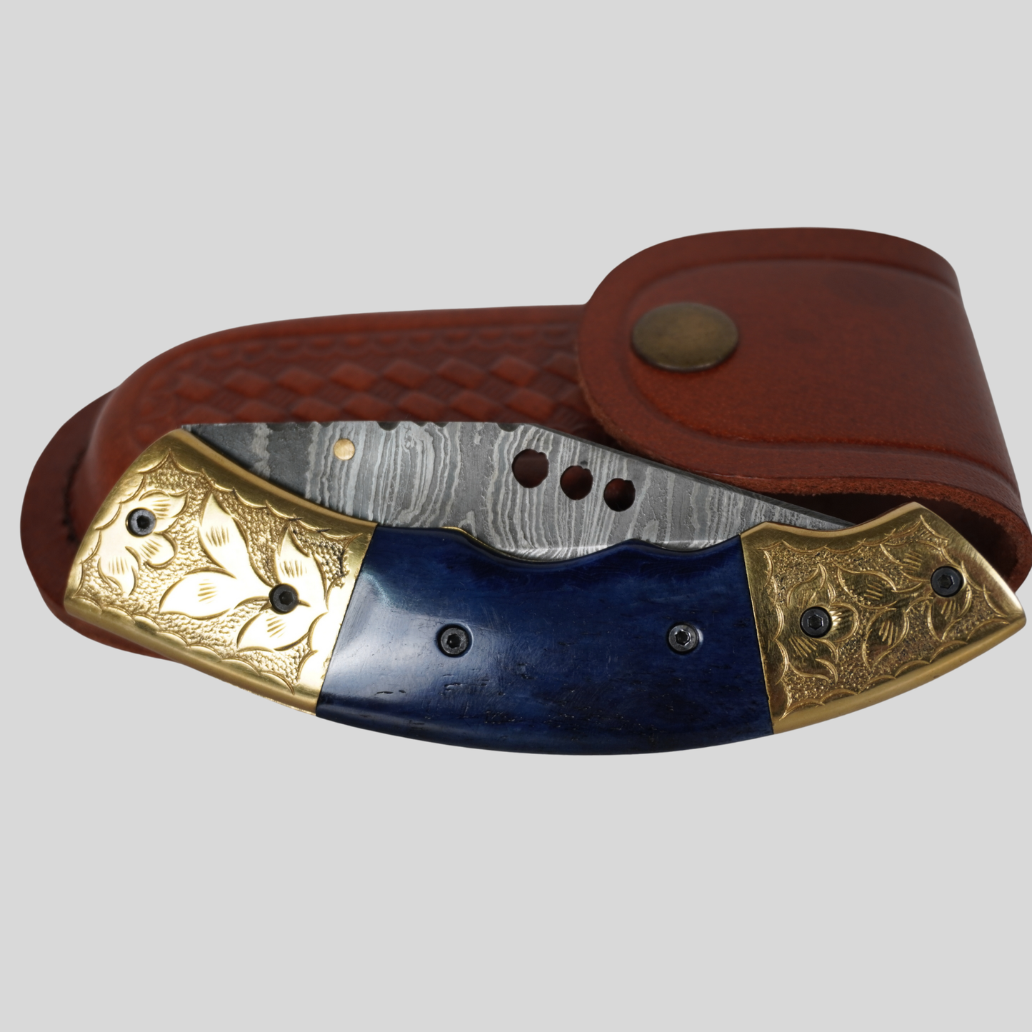 Handmade Damascus Steel Folding Knife | 4.5” Blade | 512-Layer Twist Pattern | Stone Handle | Leather Sheath | k2gemstones