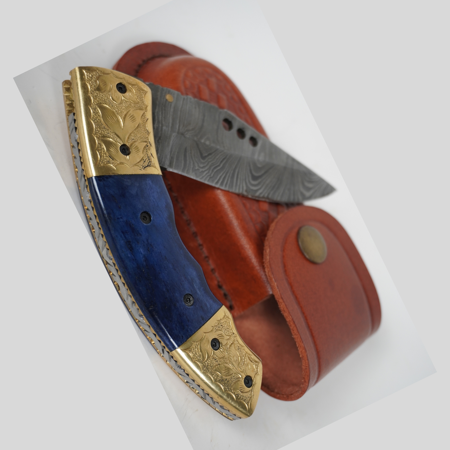 Handmade Damascus Steel Folding Knife | 4.5” Blade | 512-Layer Twist Pattern | Stone Handle | Leather Sheath | k2gemstones