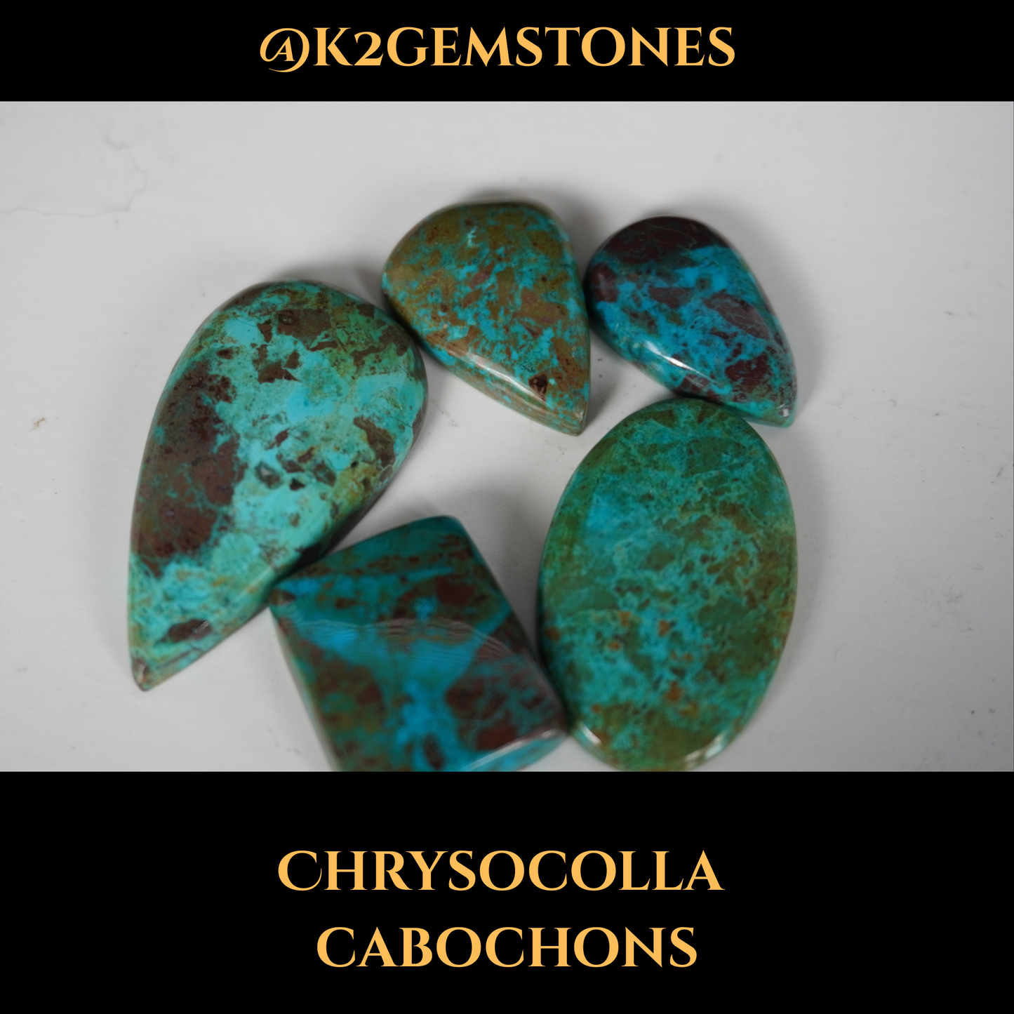 Chrysocolla Stones Cabochons – 5 Pieces | Mixed Free Sizes 20–35mm | Natural Blue-Green Gemstones | Hand-Selected & High Polish Finish | By k2gemstones