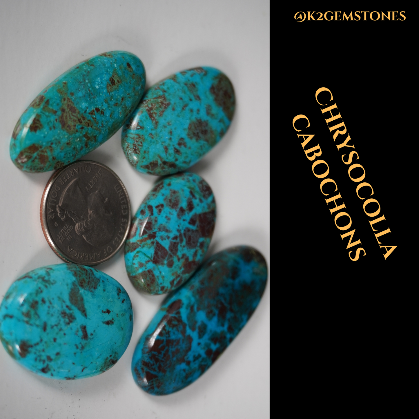 Chrysocolla Stones Cabochons – 5 Pieces | Mixed Free Sizes 30–45mm | Natural Blue-Green Gemstones | Hand-Selected & High Polish Finish | By k2gemstones
