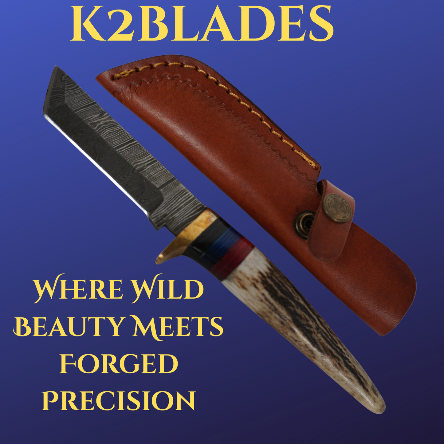 Handmade Damascus steel fixed blade knife with deer horn handle