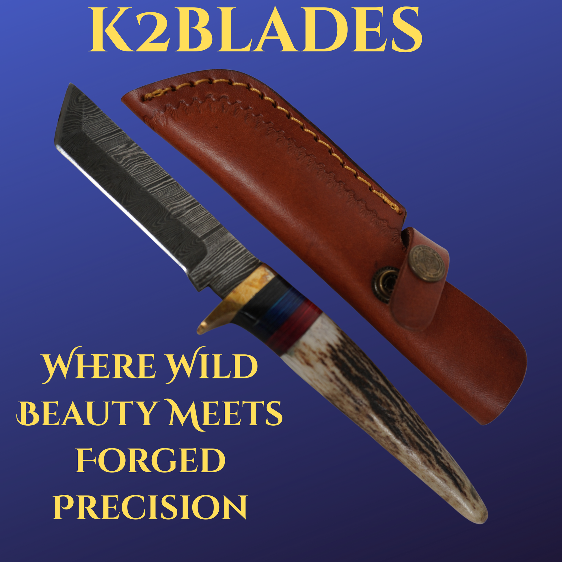 Handmade Damascus steel fixed blade knife with deer horn handle