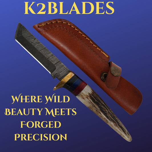 Handmade Damascus steel fixed blade knife with deer horn handle