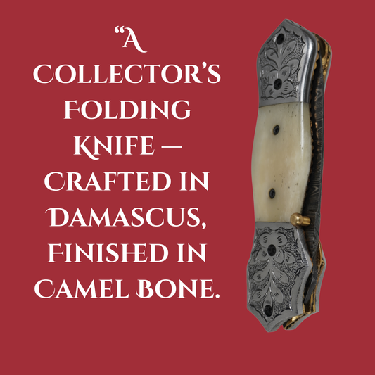 Handcrafted Damascus Steel Pocket Knife – Camel Bone Handle with Leather Sheath | 5” Blade